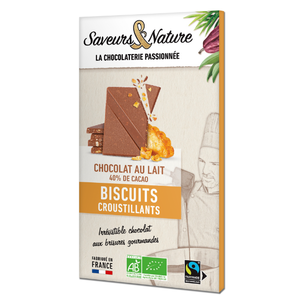 Saveurs & Nature -- DDM 29.05.2025 Tablette de chocolat au lait bio 40% de cacao aux éclats de biscuits - 80 g