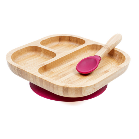 Cap Bambou -- Set assiette + cuillère bambou et silicone bordeaux (3 compartiments)